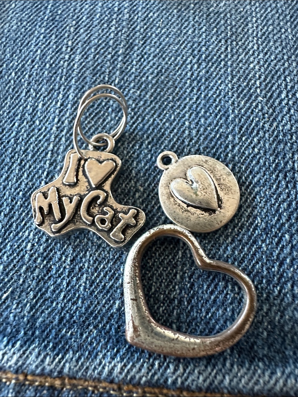 Silver Tone Heart Cat Charm Set - I Love My Cat Pendant